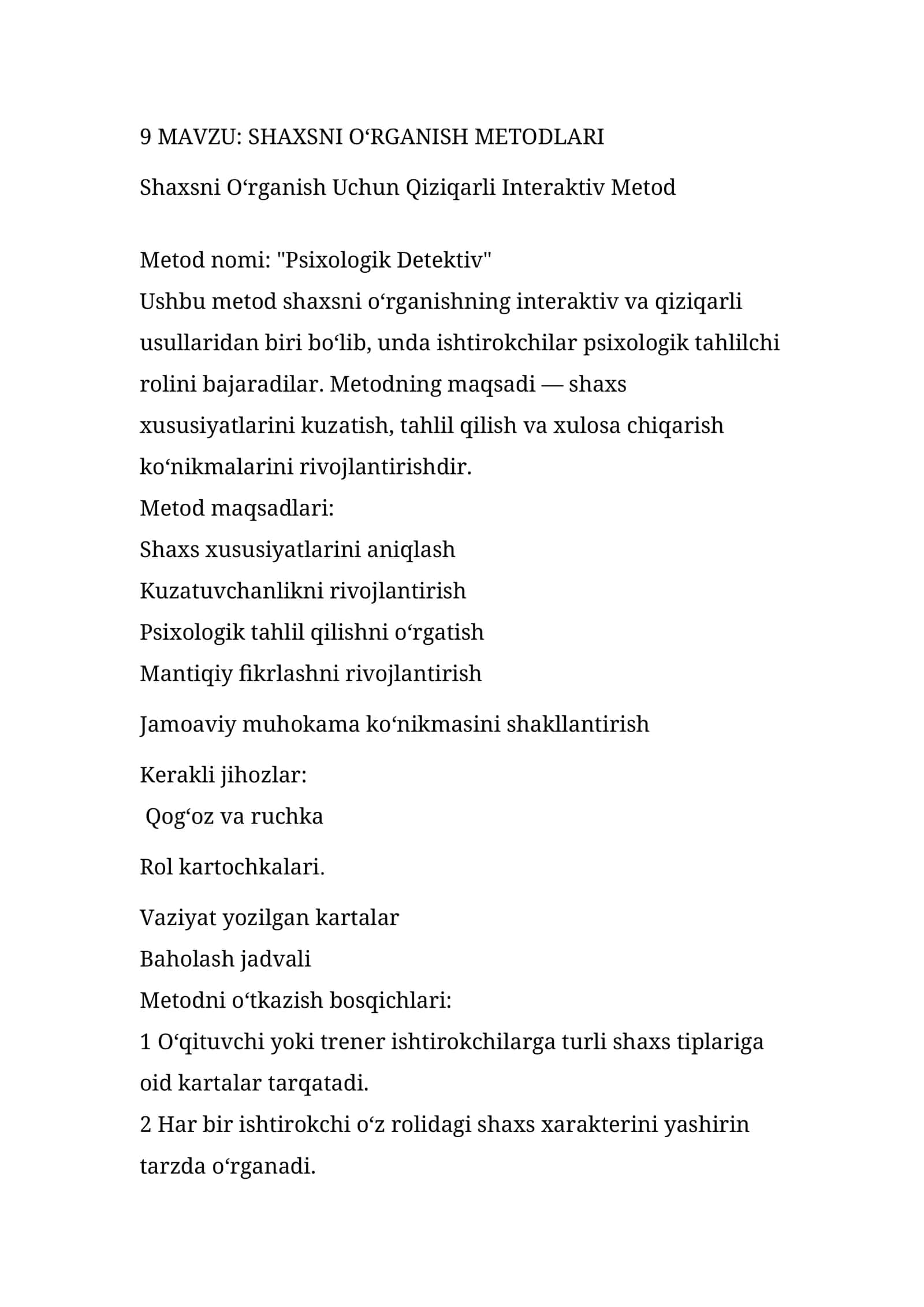 SHAXSNI O‘RGANISH METODLARI