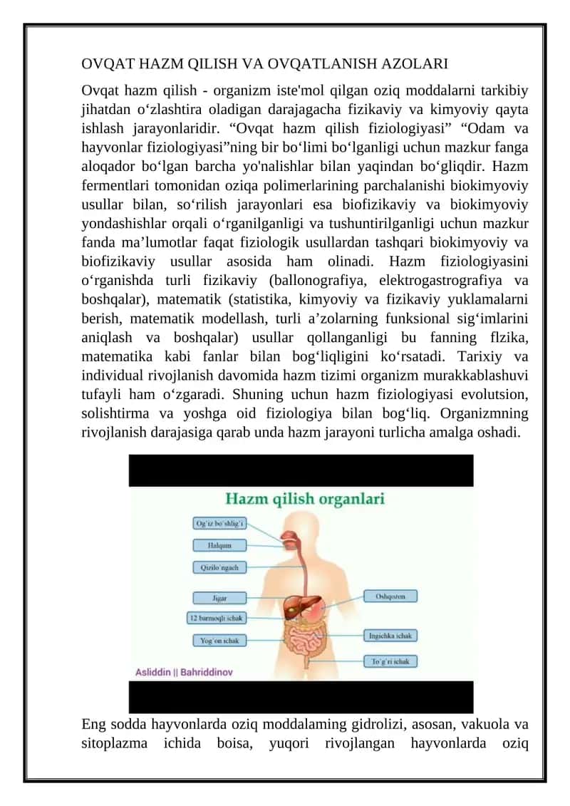 OVQAT HAZM QILISH VA OVQATLANISH AZOLARI
