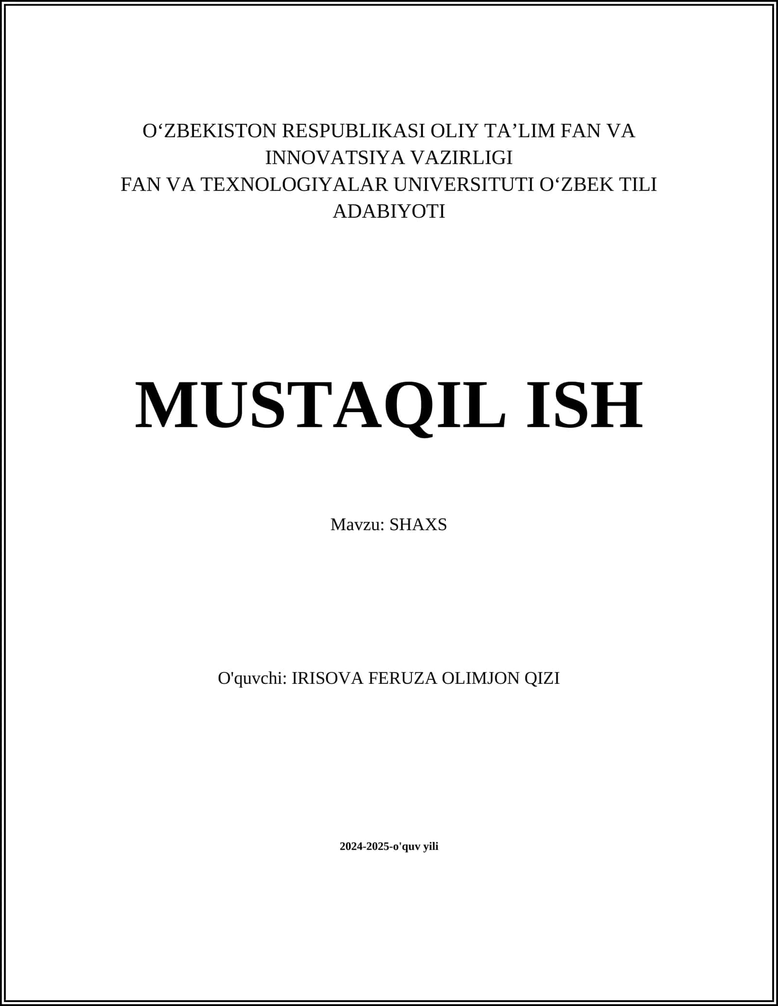 SHAXSIY RIVOJLANISH