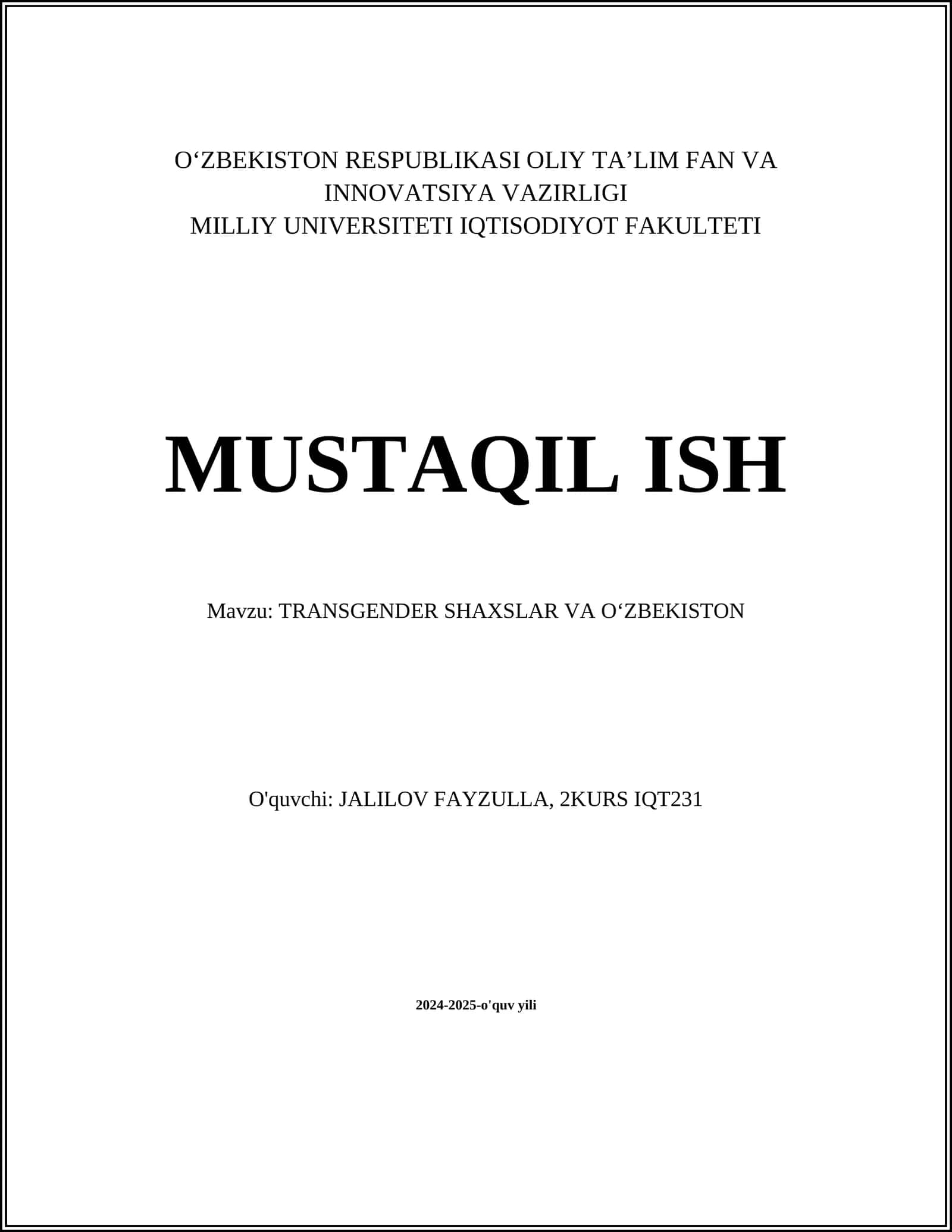 MUSTAQIL ISH Mavzu: TRANSGENDER SHAXSLAR VA O‘ZBEKISTON