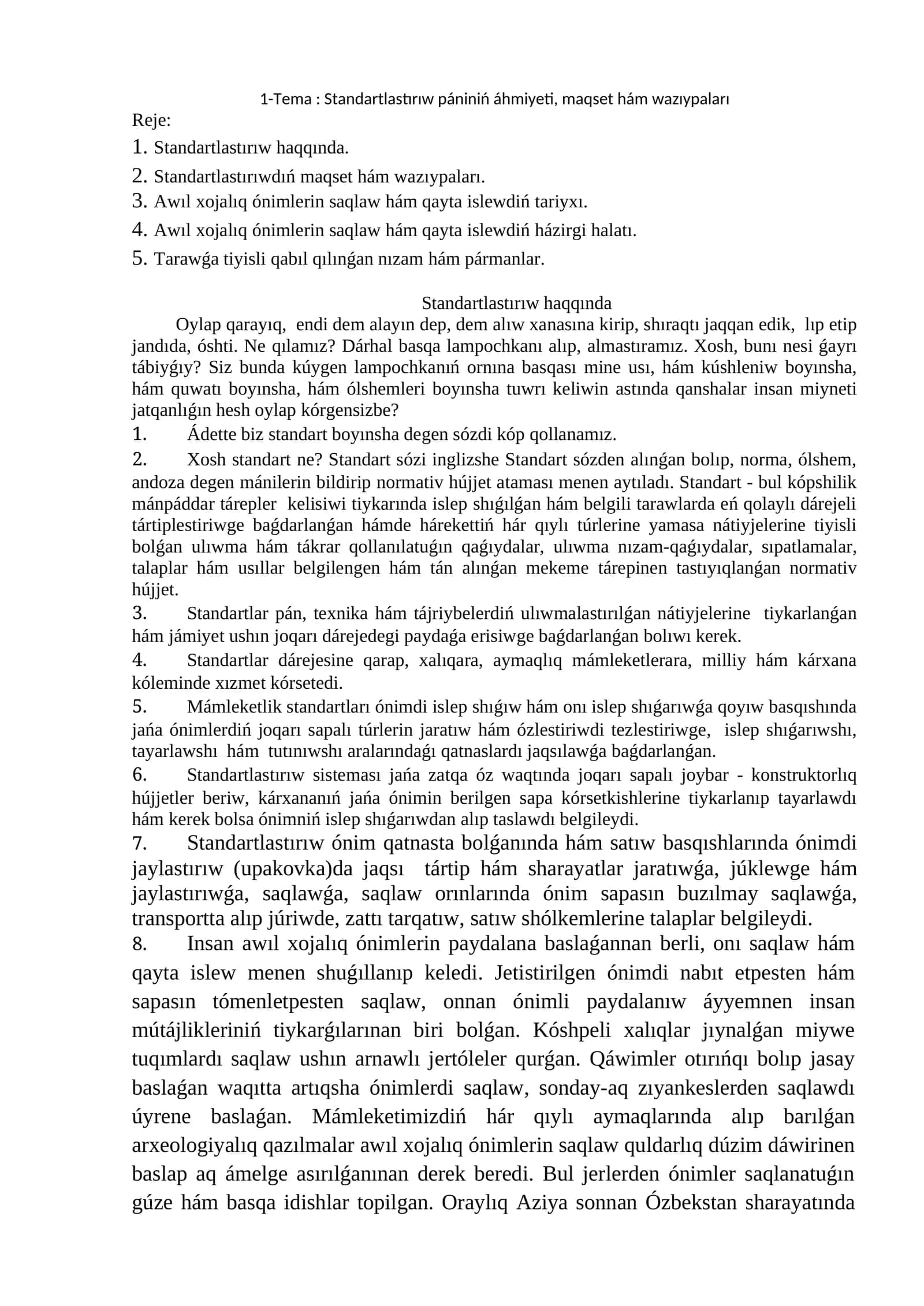 Standartlastırıw pániniń áhmiyeti, maqset hám wazıypaları