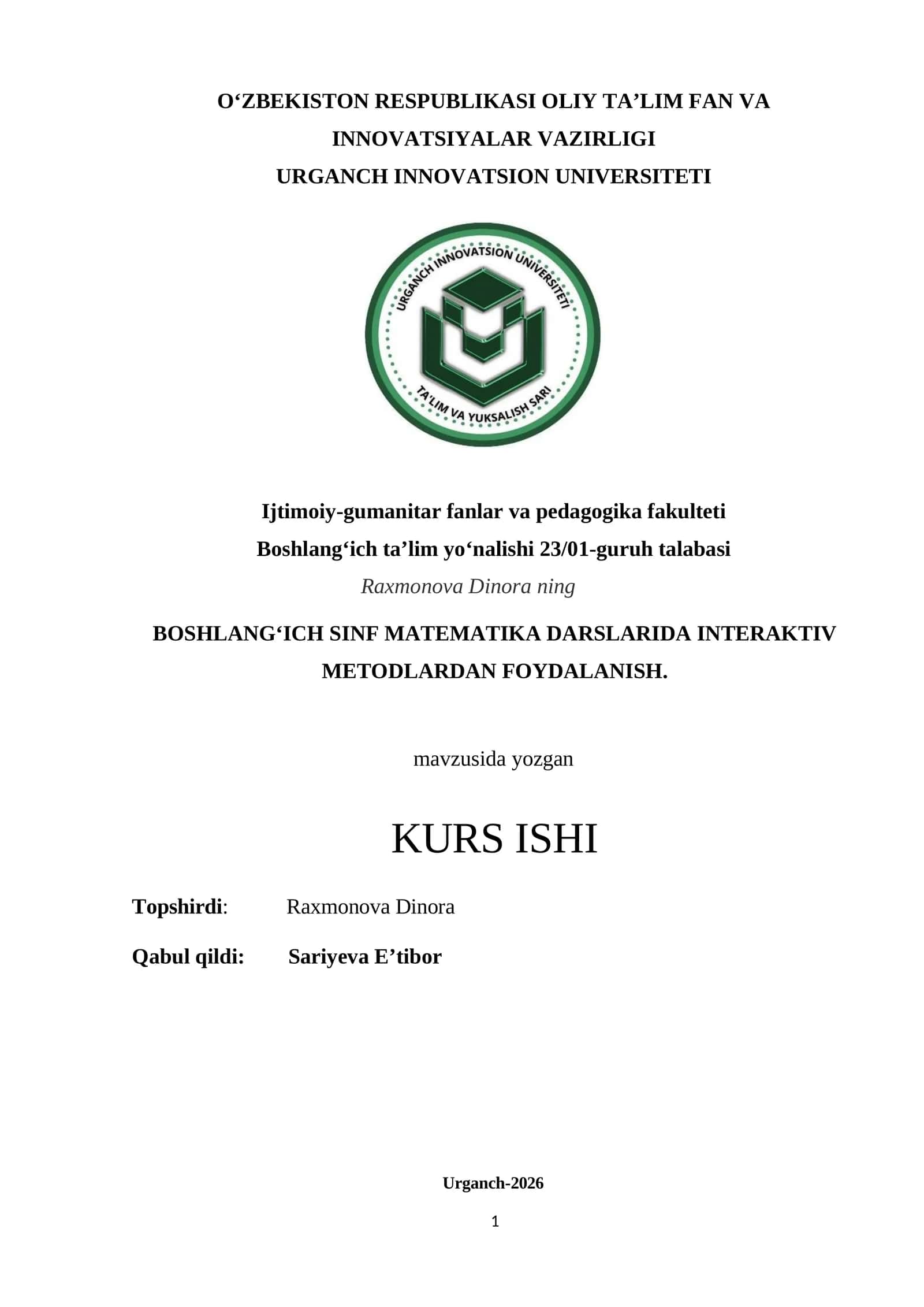 BOSHLANG‘ICH SINF MATEMATIKA DARSLARIDA INTERAKTIV METODLARDAN FOYDALANISH