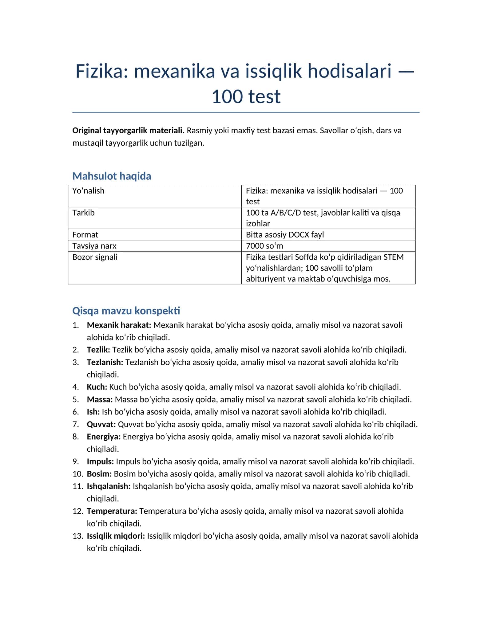 Fizika: mexanika va issiqlik hodisalari — 100 test