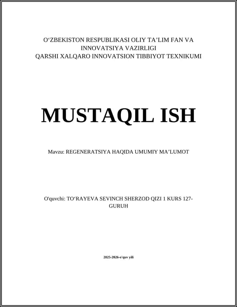 REGENERATSIYA HAQIDA UMUMIY MAʼLUMOT