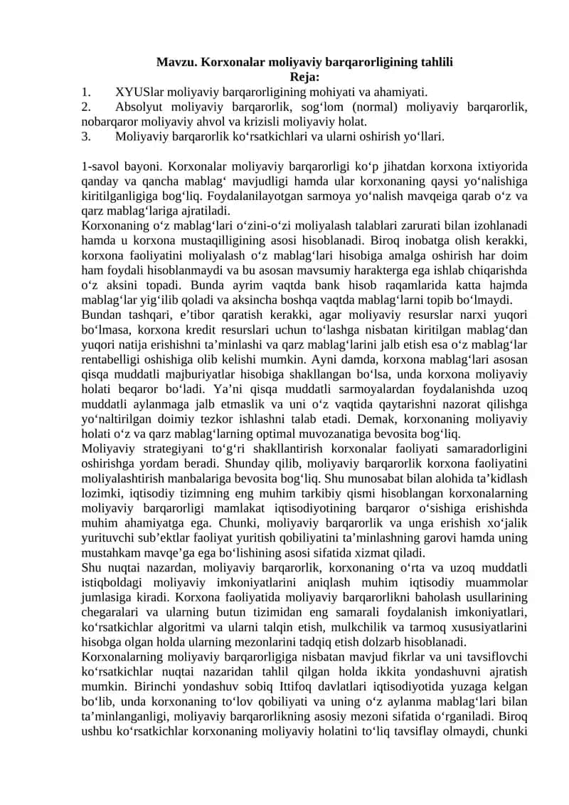 Korxonalar moliyaviy barqarorligining tahlili