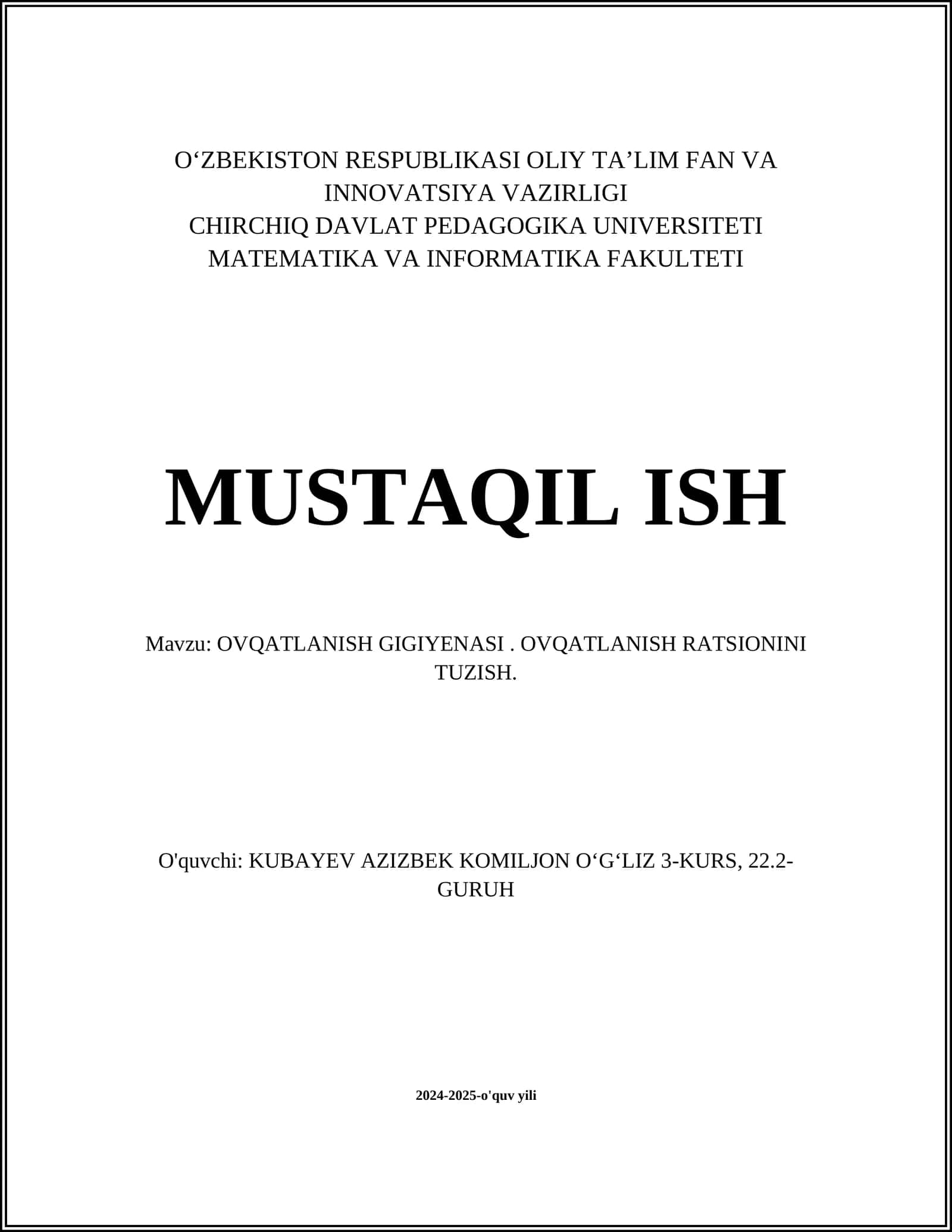 OVQATLANISH GIGIYENASI. OVQATLANISH RATSIONINI TUZISH