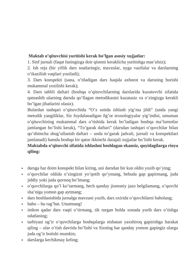 Maktab o’qituvchisi yuritishi kerak bo’lgan asosiy xujjatlar