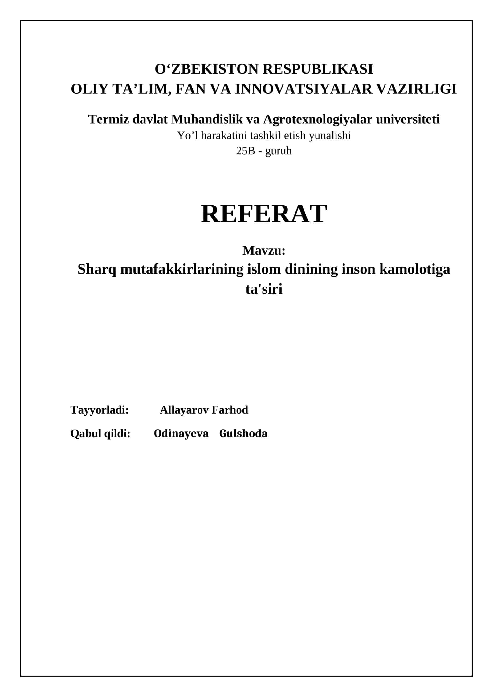 Sharq mutafakkirlarining islom dinining inson kamolotiga ta'siri