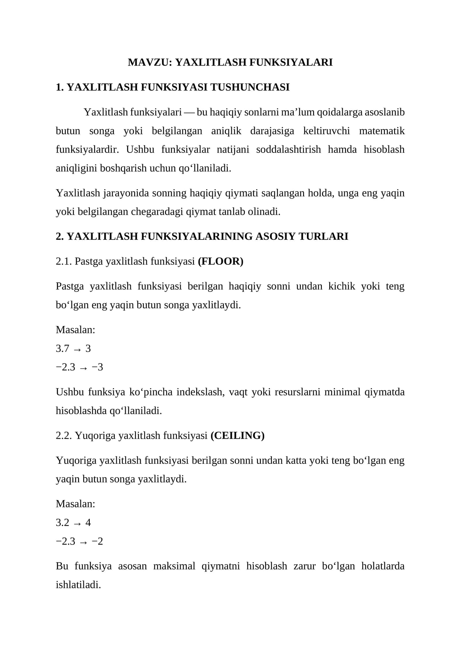 YAXLITLASH FUNKSIYALARI