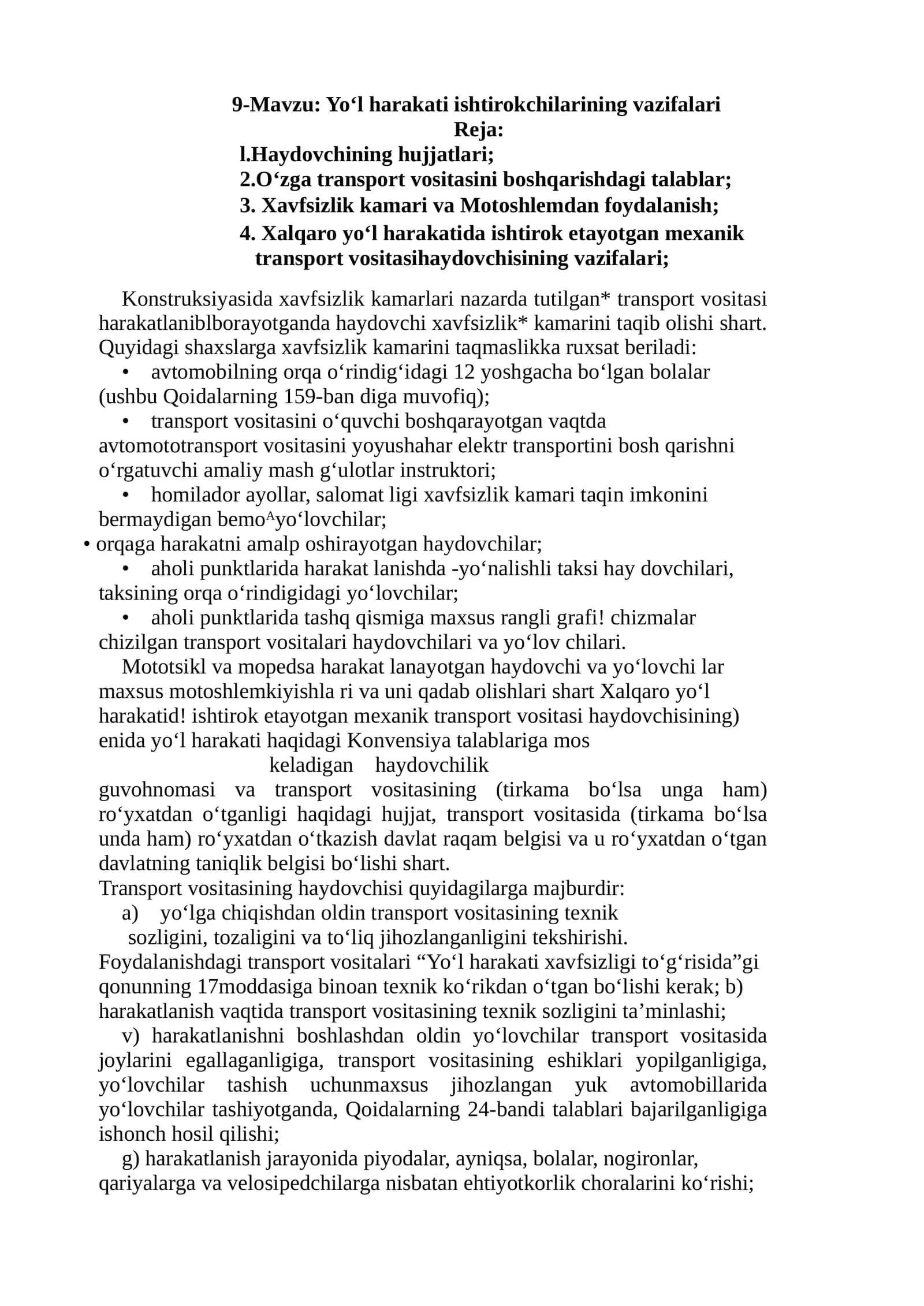 Yo‘l harakati ishtirokchilarining vazifalari