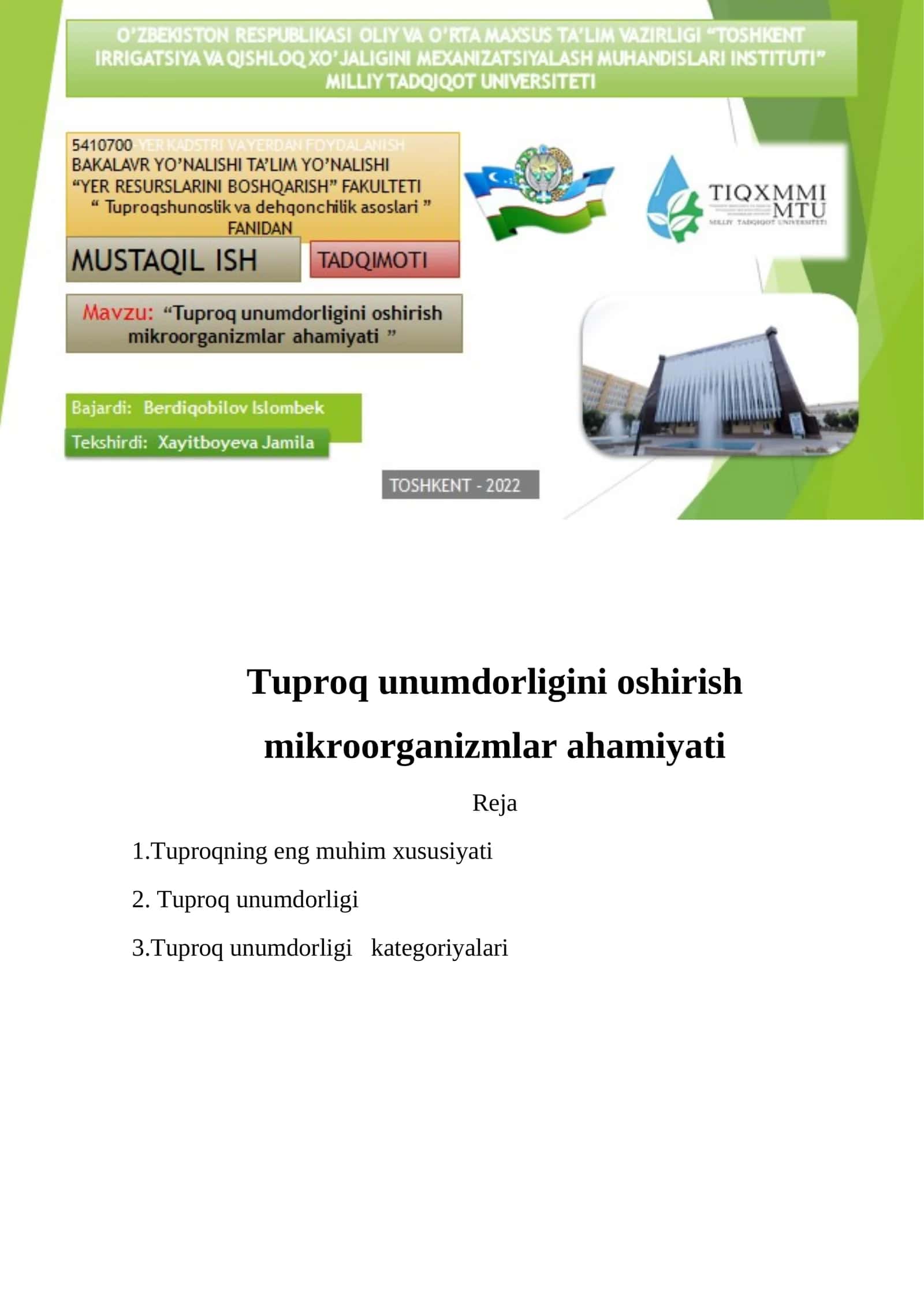 Tuproq unumdorligini oshirish mikroorganizmlar ahamiyati