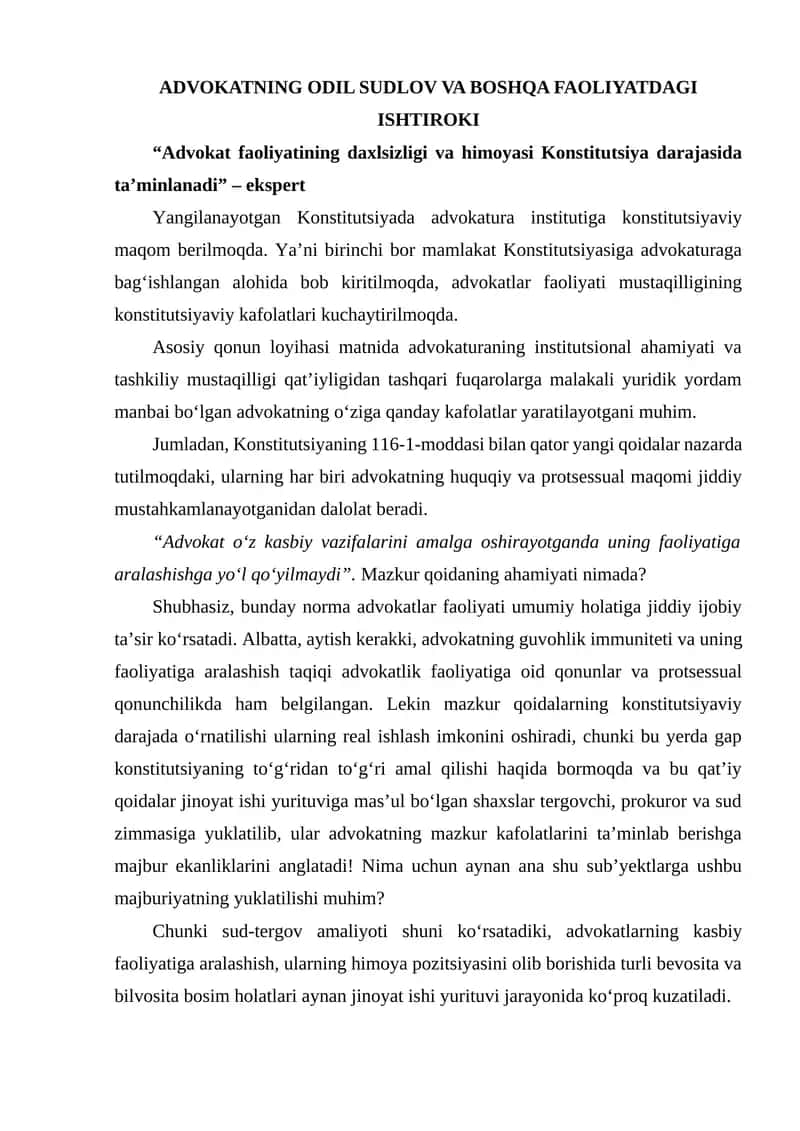 Advokatning Odil Sudlov va Boshqa Faoliyatdagi Ishtiroki