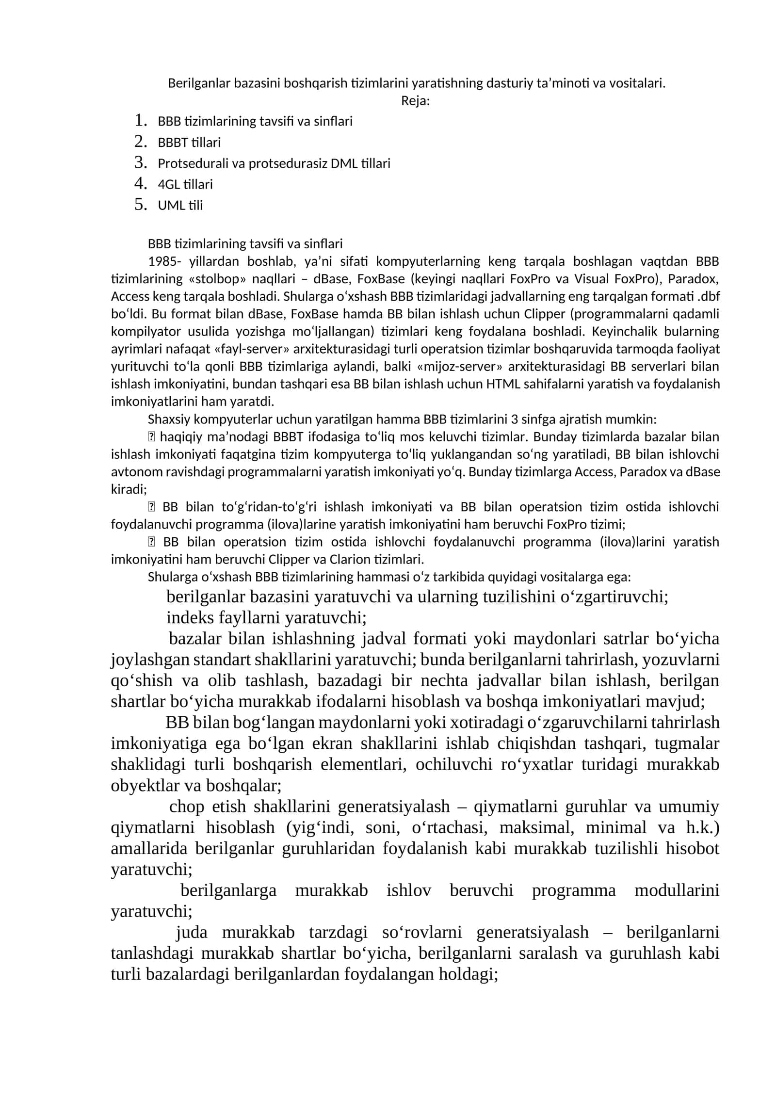 BBB tizimlarining tavsifi va sinflari