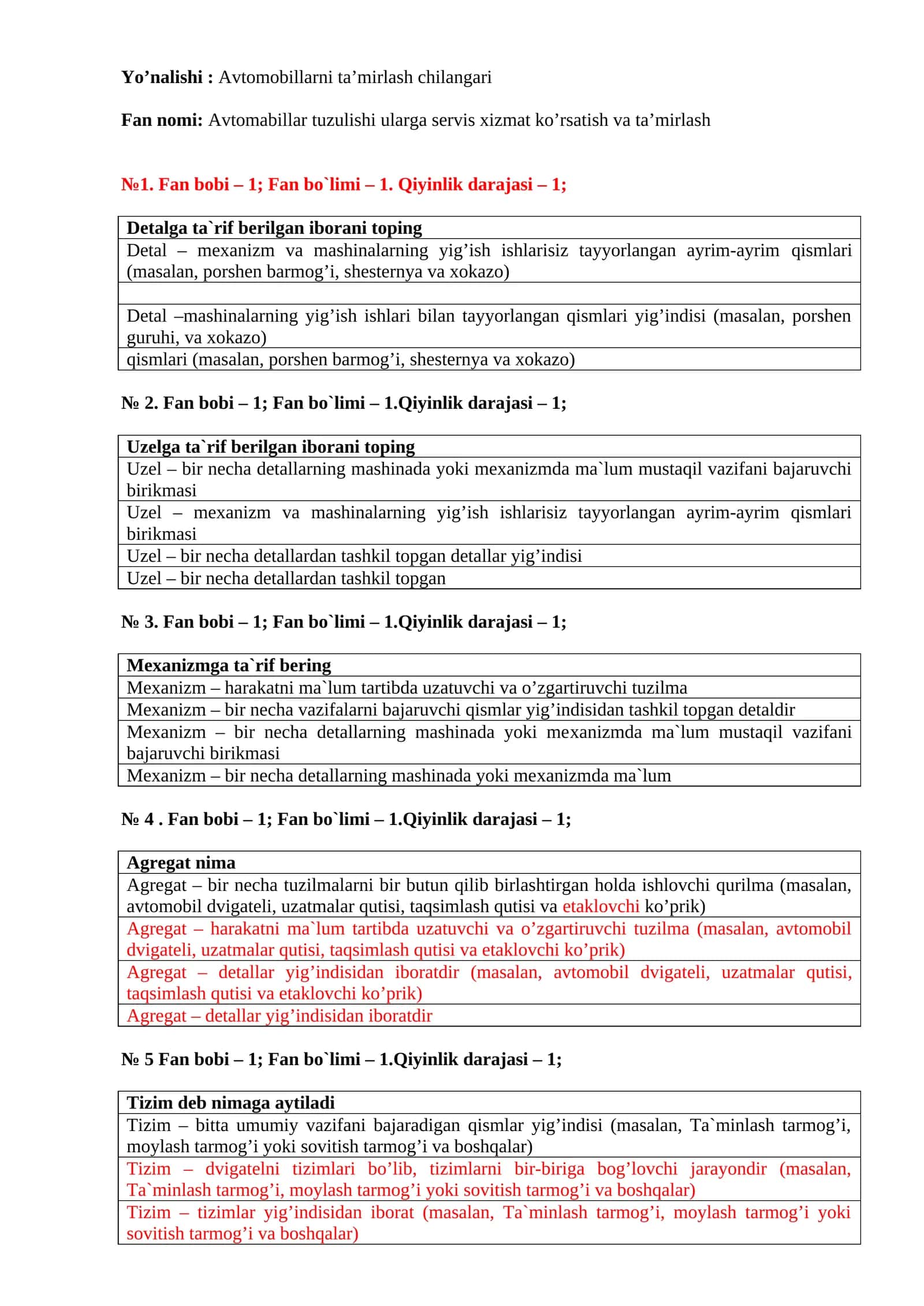 Avtomobillarni tamirlash test