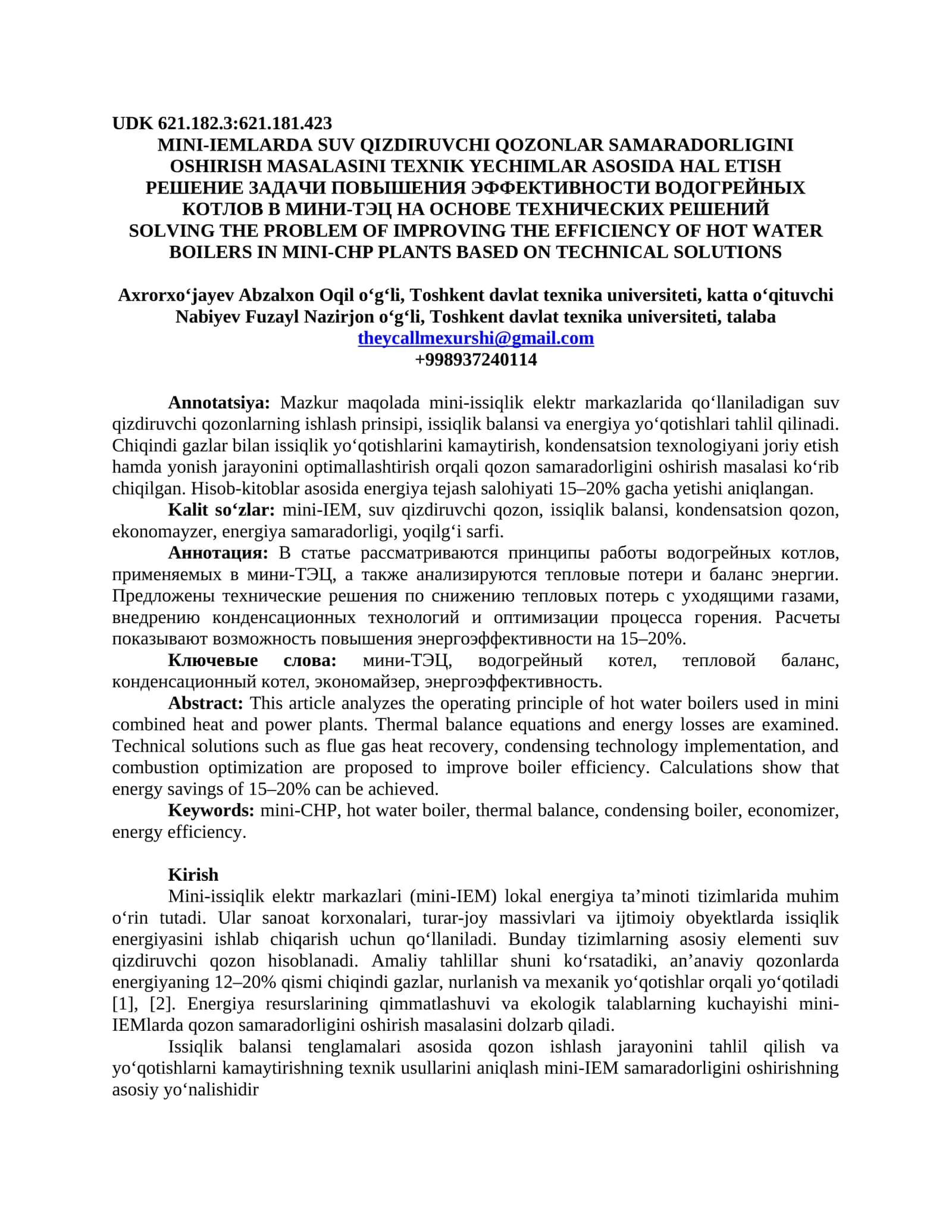 MINI-IEMLARDA SUV QIZDIRUVCHI QOZONLAR SAMARADORLIGINI OSHIRISH MASALASINI TEXNIK YECHIMLAR ASOSIDA HAL ETISH