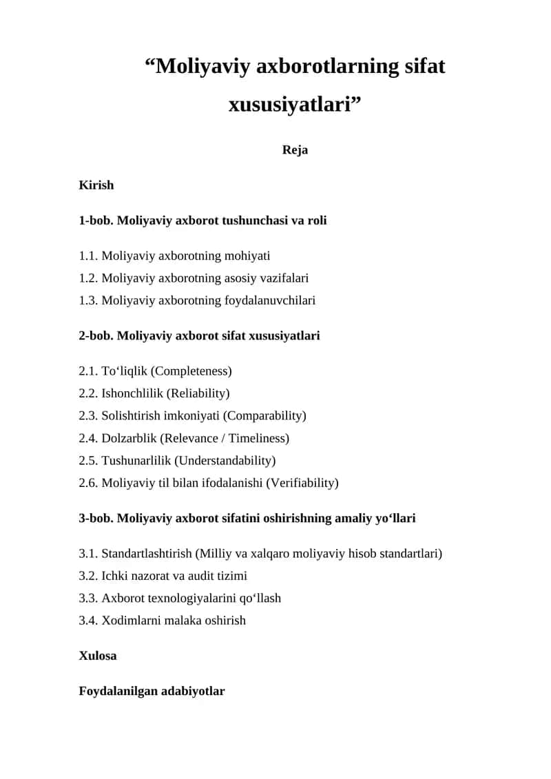 Moliyaviy axborotlarning sifat xususiyatlari