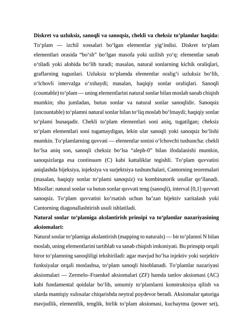 Diskret va uzluksiz, sanoqli va sanoqsiz, chekli va cheksiz to’plamlar