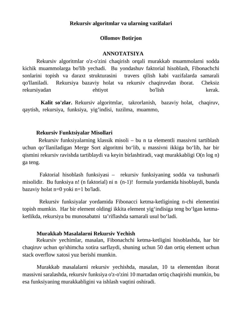 Rekursiv algoritmlar va ularning vazifalari