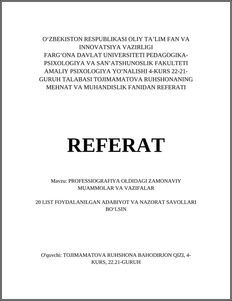 PROFESSIOGRAFIYA OLDIDAGI ZAMONAVIY MUAMMOLAR VA VAZIFALAR