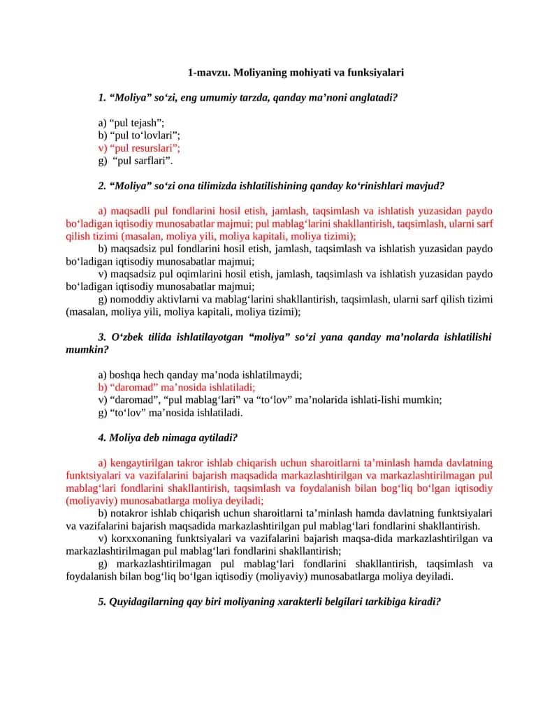 1-mavzu. Moliyaning mohiyati va funksiyalari
