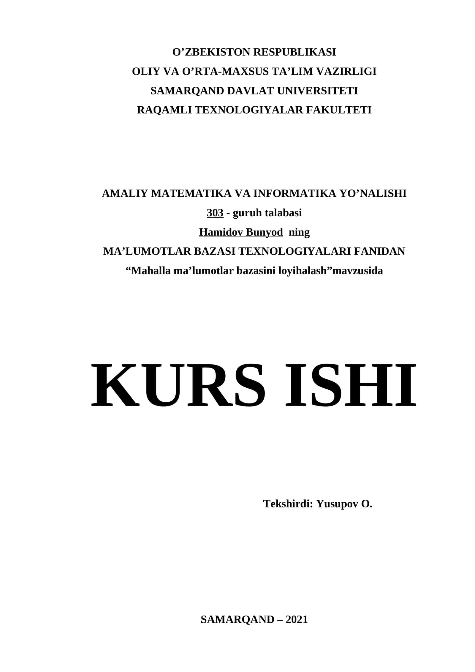 “Mahalla ma’lumotlar bazasini loyihalash” mavzusida KURS ISHI