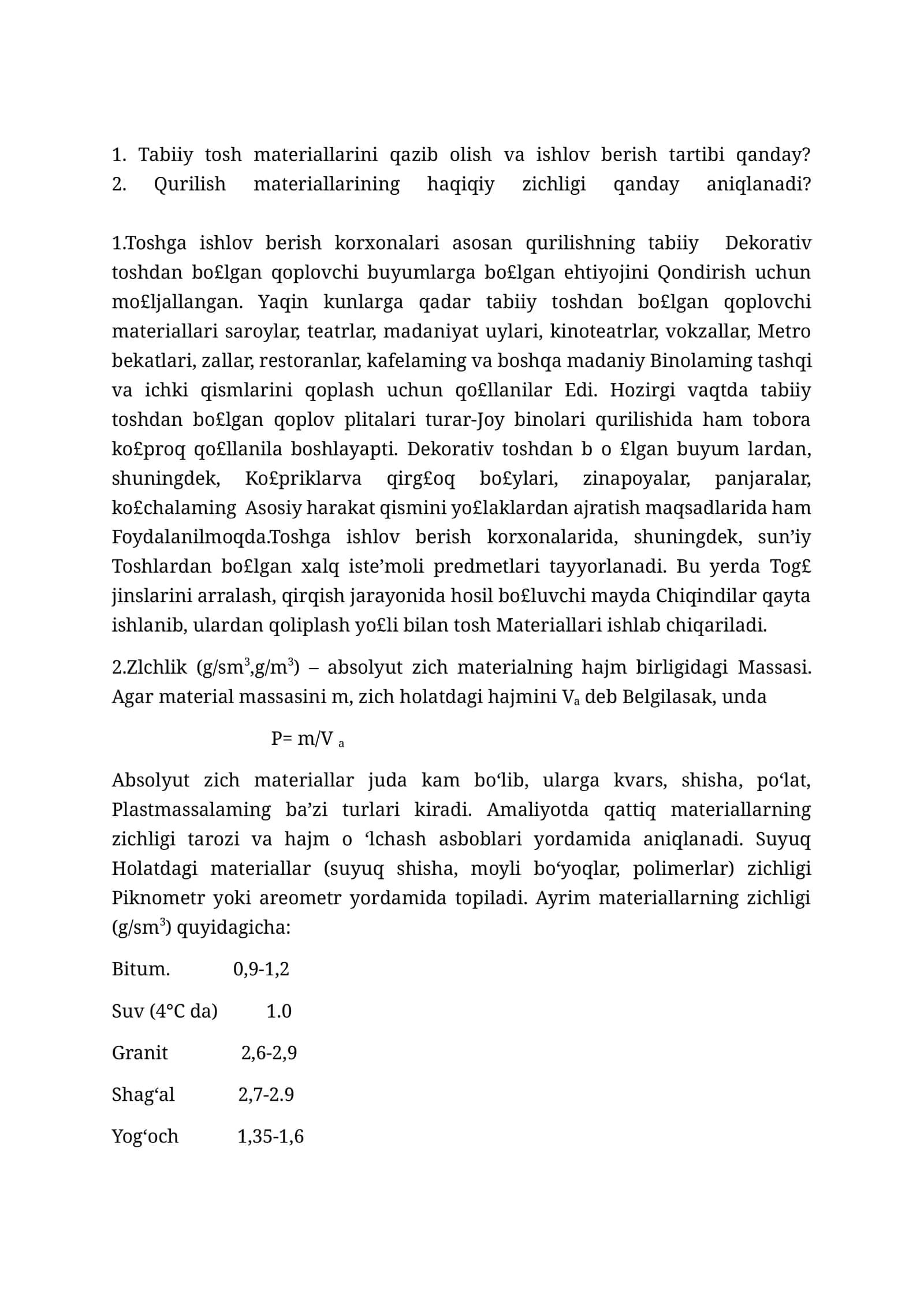 Tabiiy tosh materiallarini qazib olish va ishlov berish tartibi