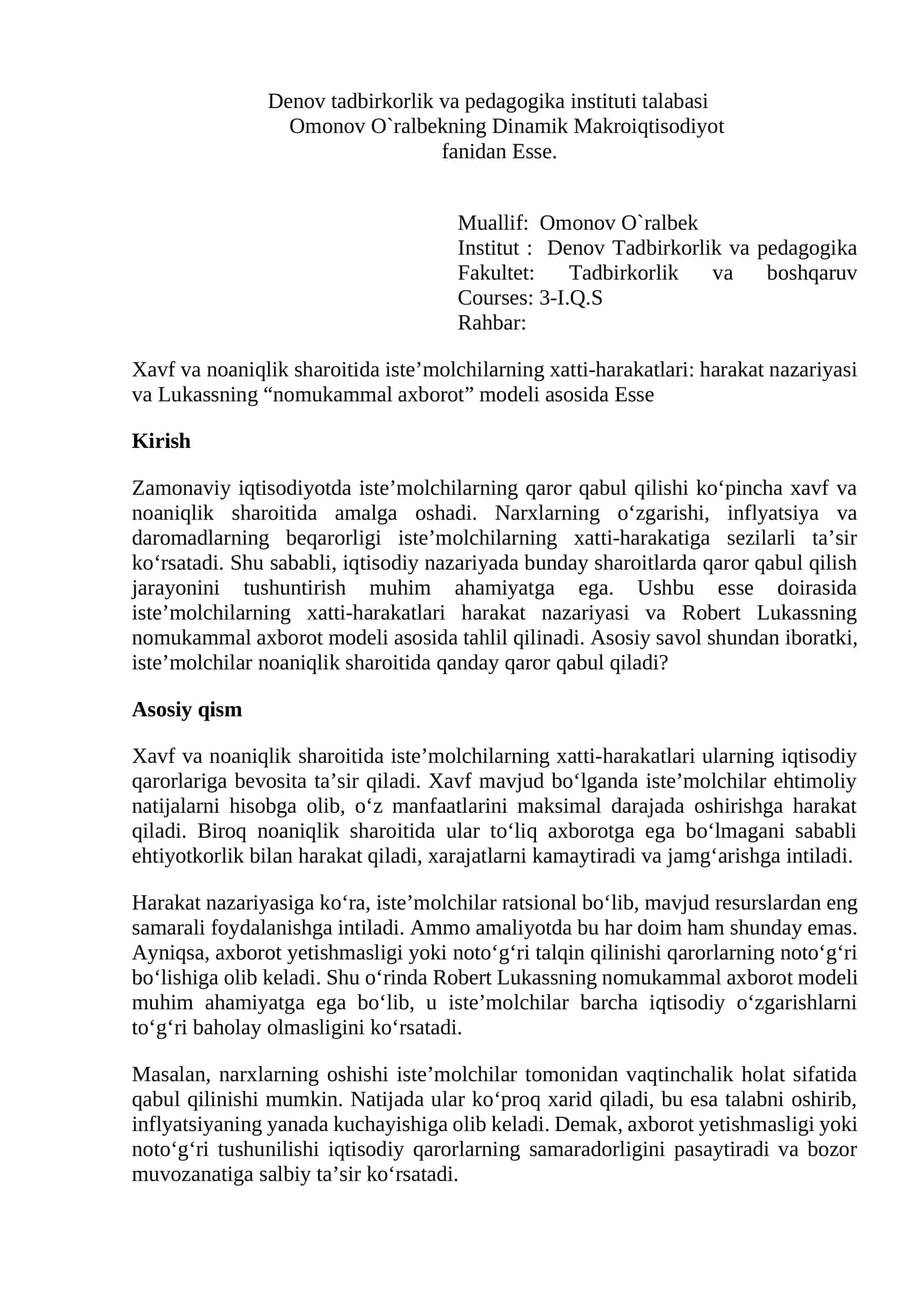Omonov O`ralbekning Dinamik Makroiqtisodiyot fanidan Esse