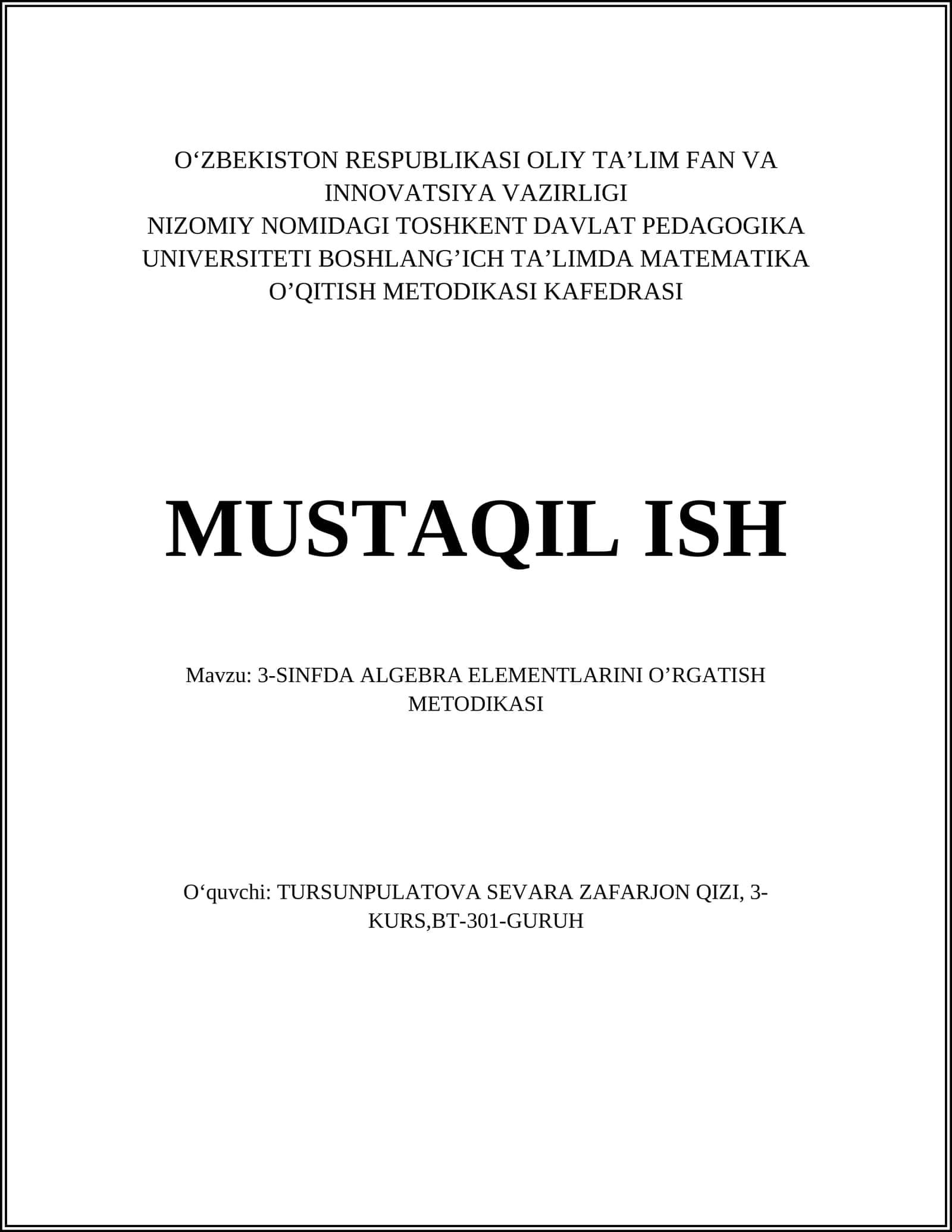 3-SINFDA ALGEBRA ELEMENTLARINI O’RGATISH METODIKASI