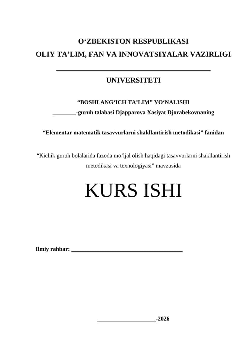 “Elementar matematik tasavvurlarni shakllantirish metodikasi” fanidan