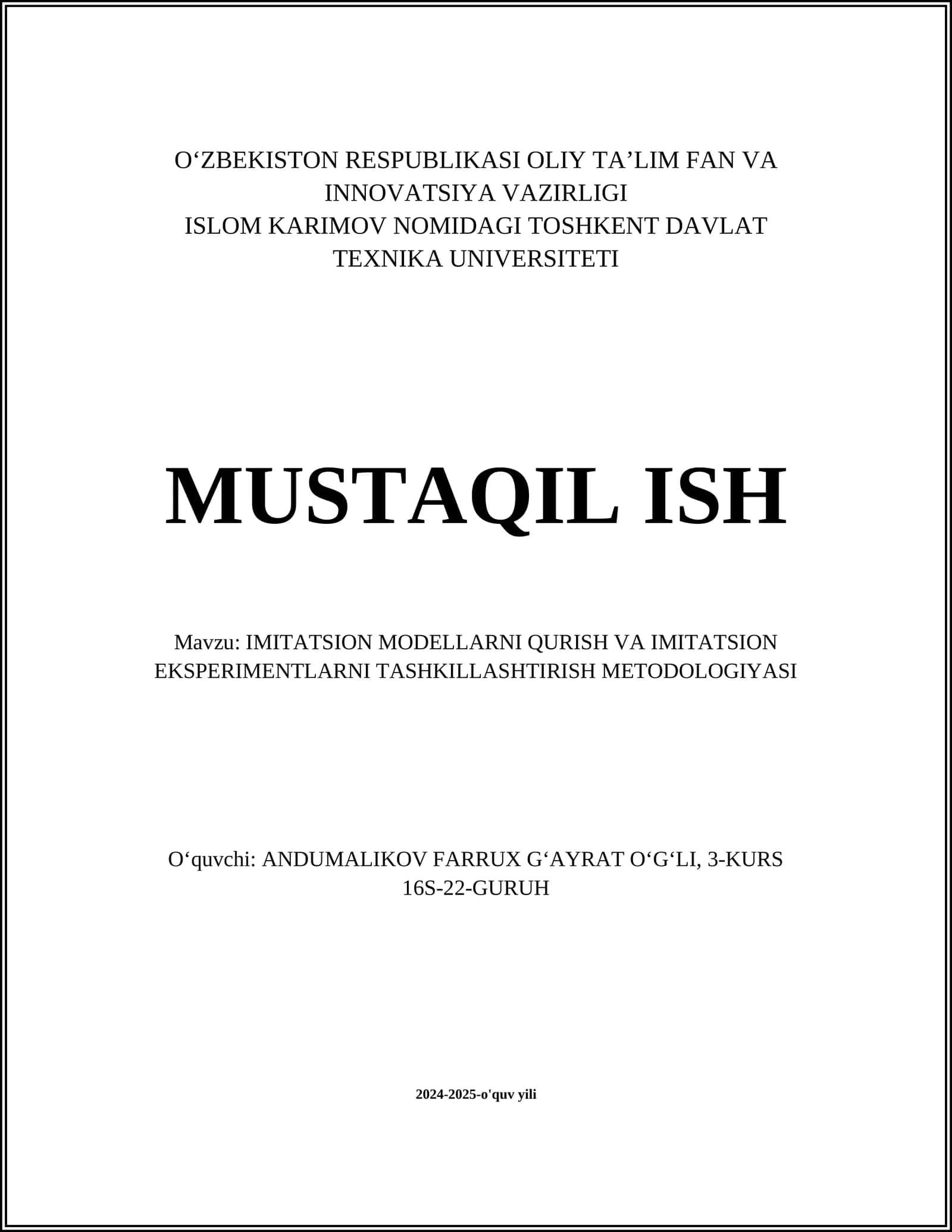 IMITATSION MODELLARNI QURISH VA IMITATSION EKSPERIMENTLARNI TASHKILLASHTIRISH METODOLOGIYASI