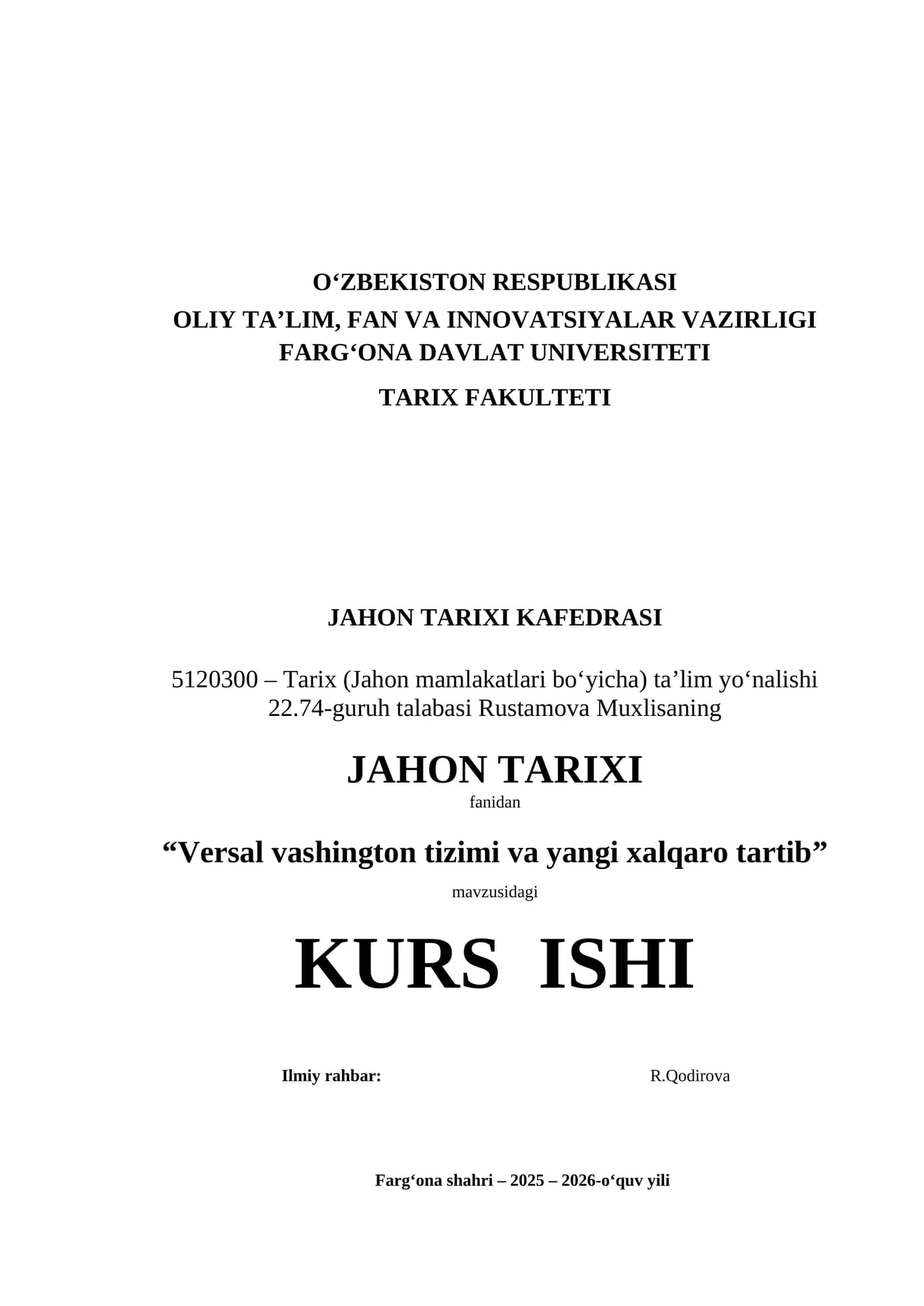 Versal vashington tizimi va yangi xalqaro tartibi