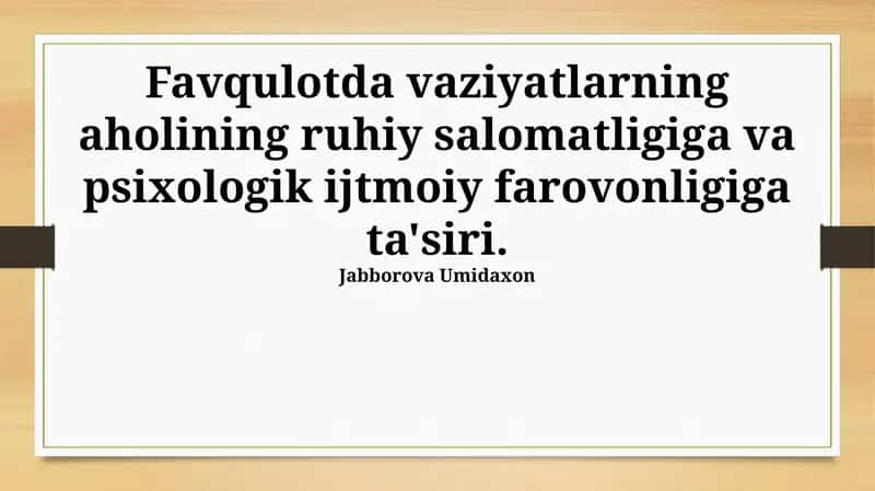 Favqulodda Vaziyatlarning Ruhiy Salomatlikka Ta'siri