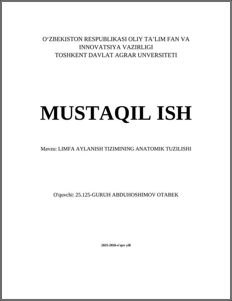 LIMFA AYLANISH TIZIMINING ANATOMIK TUZILISHI