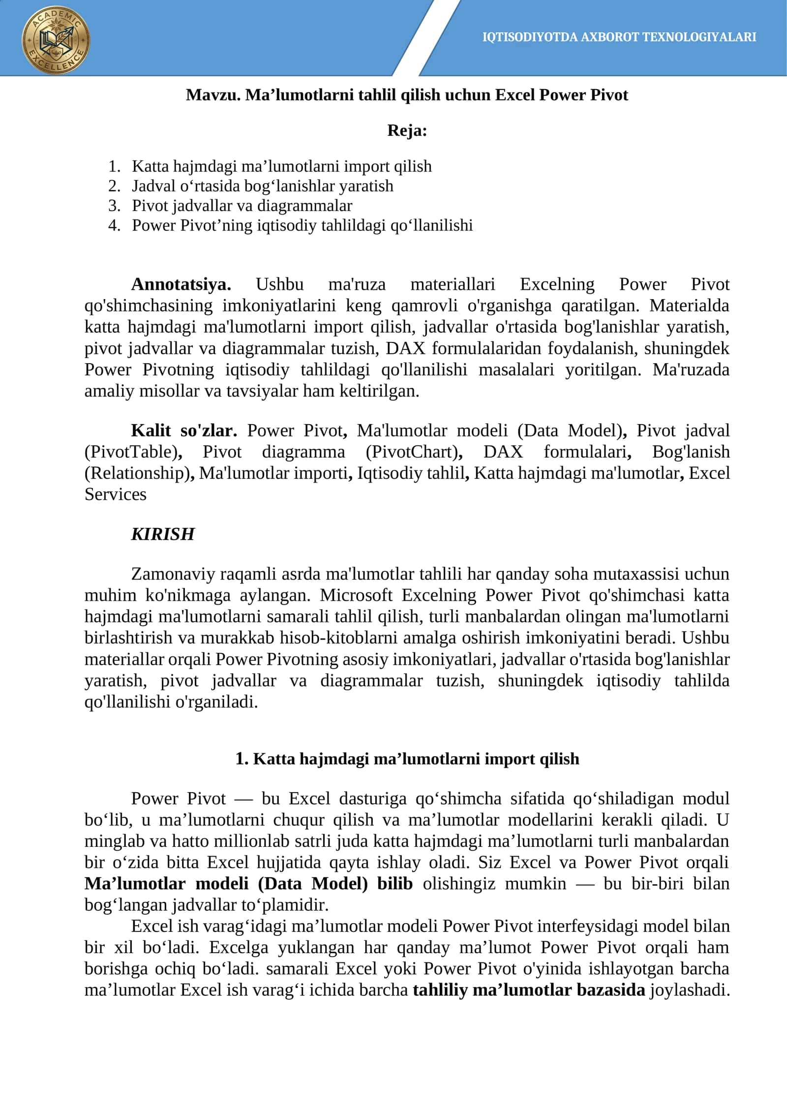 Ma’lumotlarni tahlil qilish uchun Excel Power Pivot