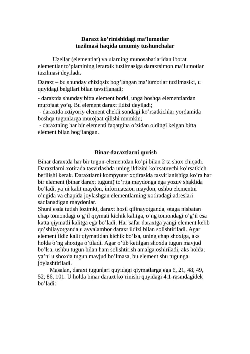 Daraxt ko’rinishidagi ma’lumotlar tuzilmasi haqida umumiy tushunchalar