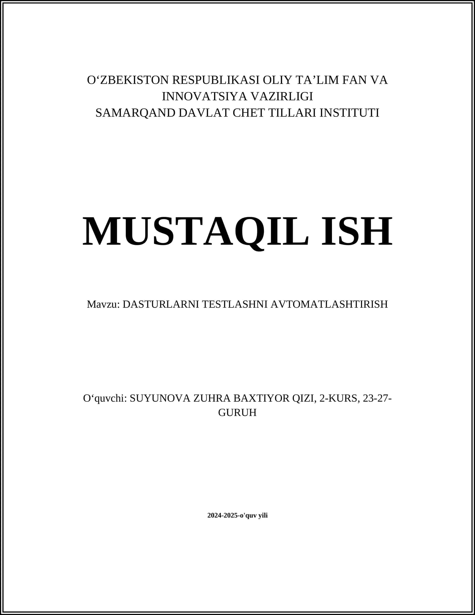 DASTURLARNI TESTLASHNI AVTOMATLASHTIRISH