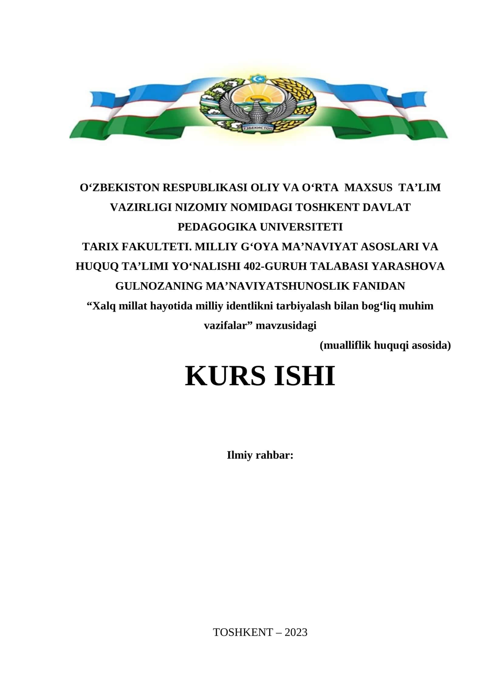 “Xalq millat hayotida milliy identlikni tarbiyalash bilan bog‘liq muhim vazifalar” mavzusidagi KURS ISHI
