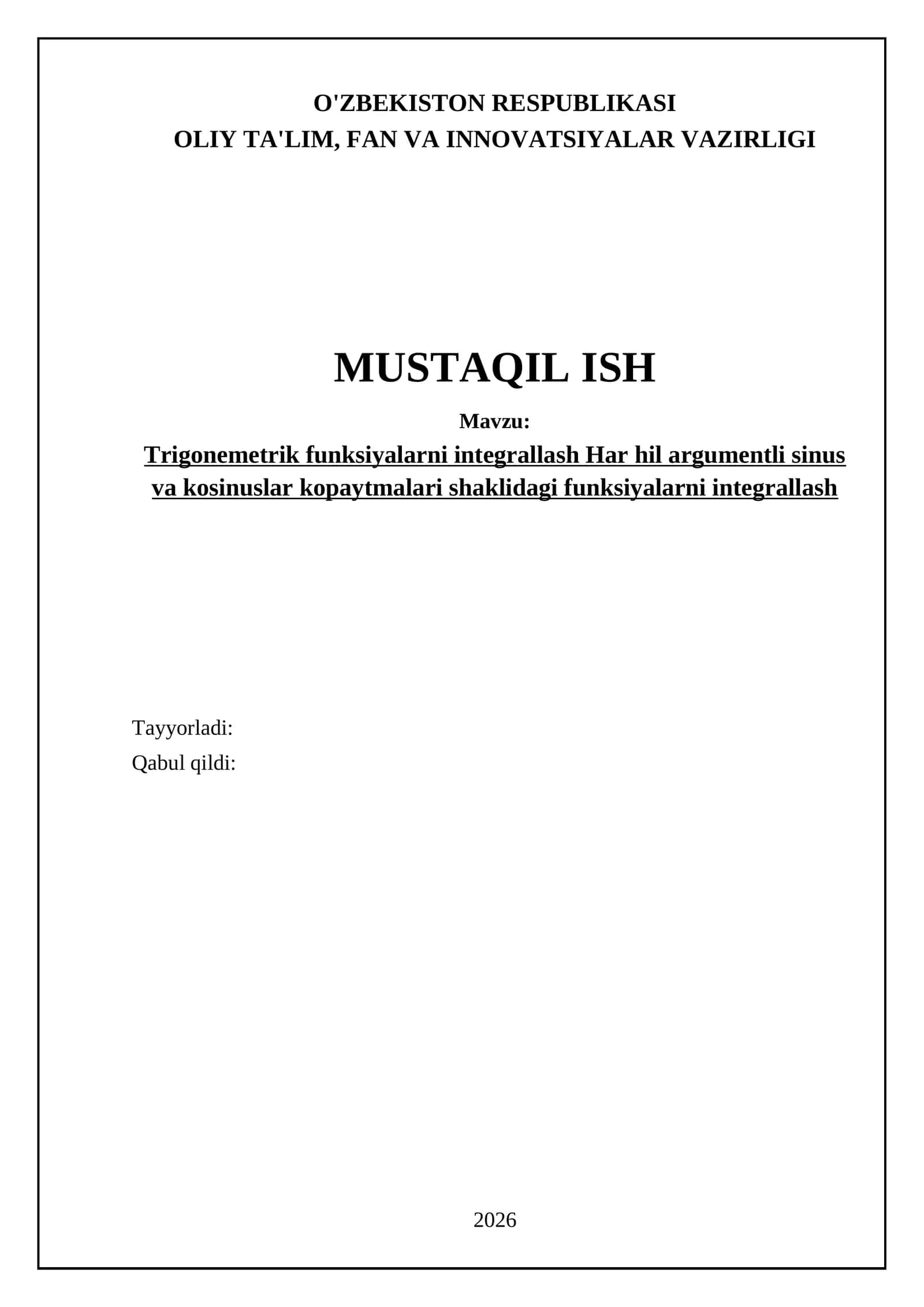 Trigonemetrik funksiyalarni integrallash Har hil argumentli sinus va kosinuslar kopaytmalari shaklidagi funksiyalarni integrallash