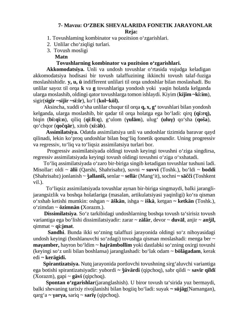 O‘ZBEK SHEVALARIDA FONETIK JARAYONLAR