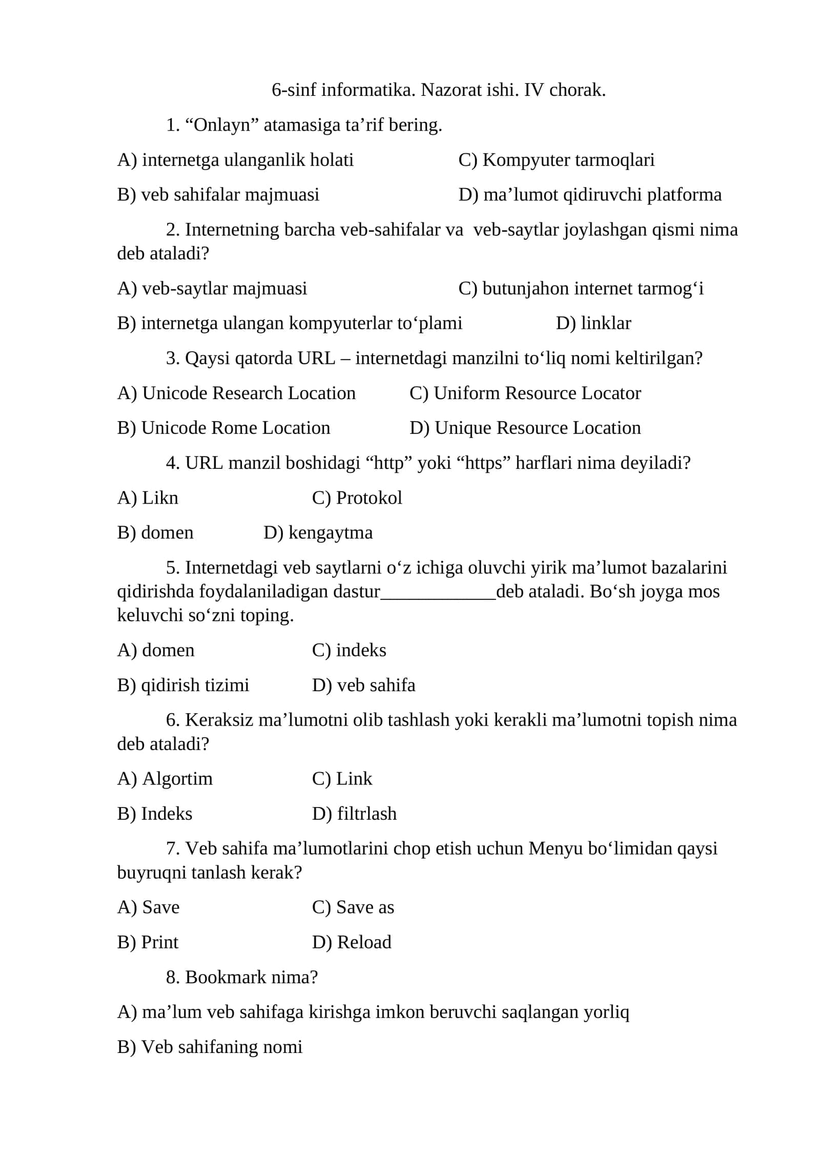 6-sinf informatika 4-chorak nazorat ishi