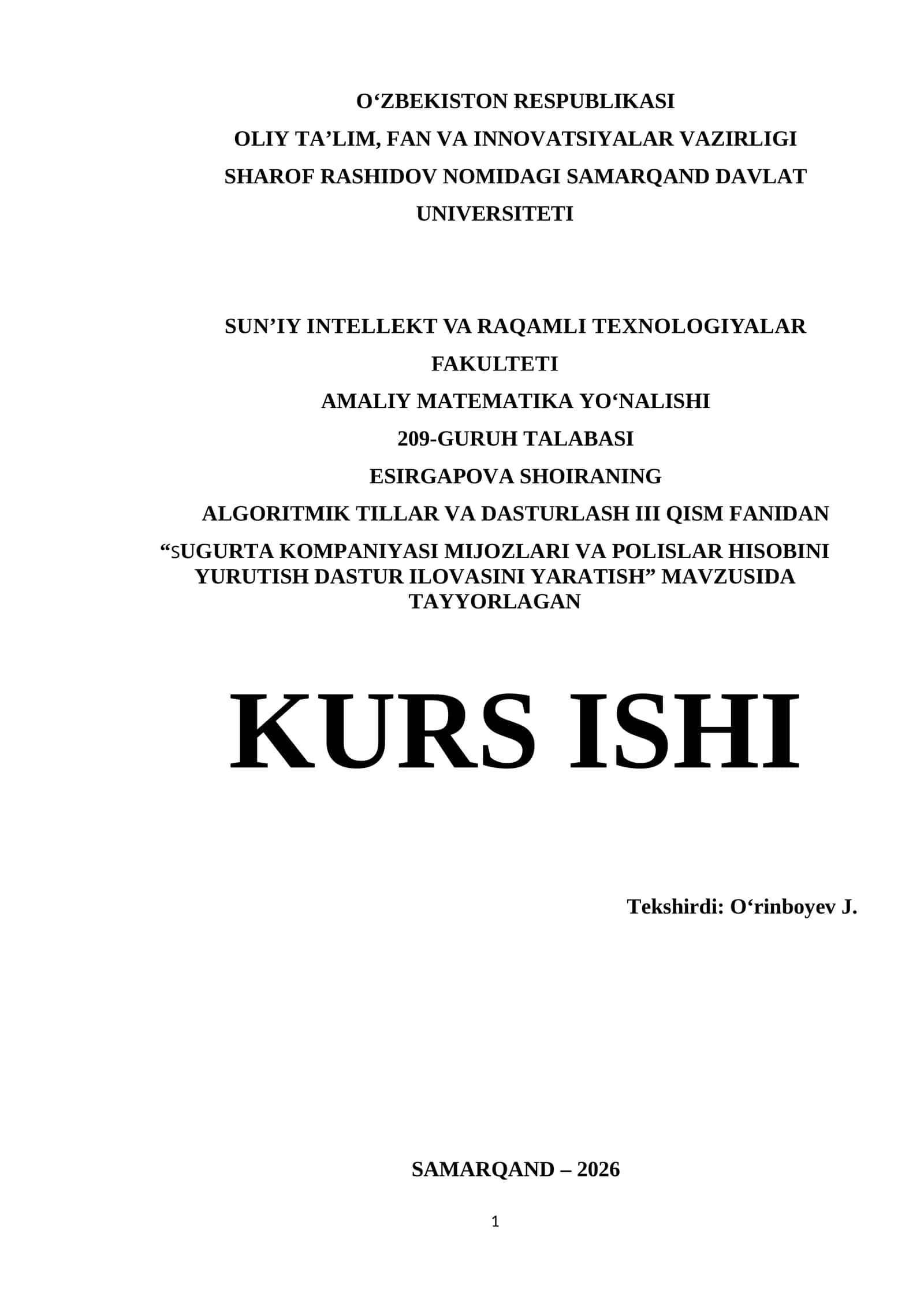 Visual Studio muhitida dasturlash | Kurs ishi - SUGURTA KOMPANIYASI MIJOZLARI VA POLISLAR HISOBINI YURUTISH