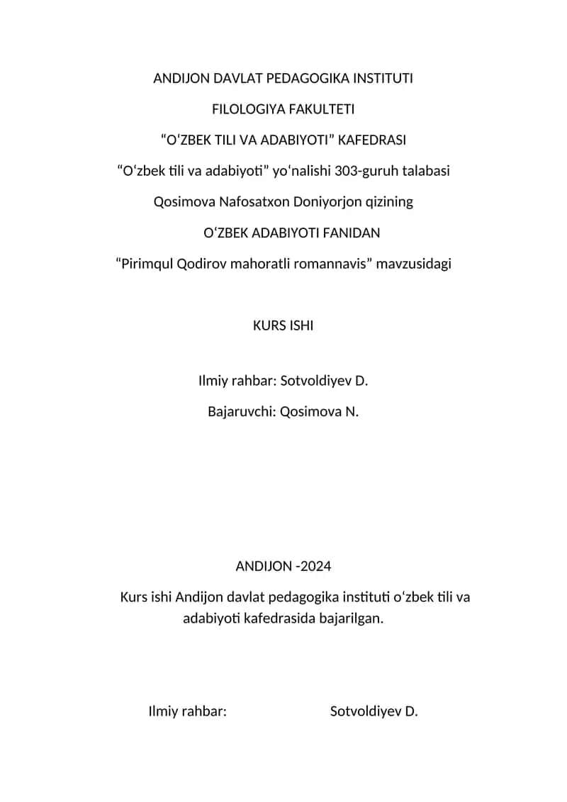 Pirimqul Qodirov mahoratli romannavis
