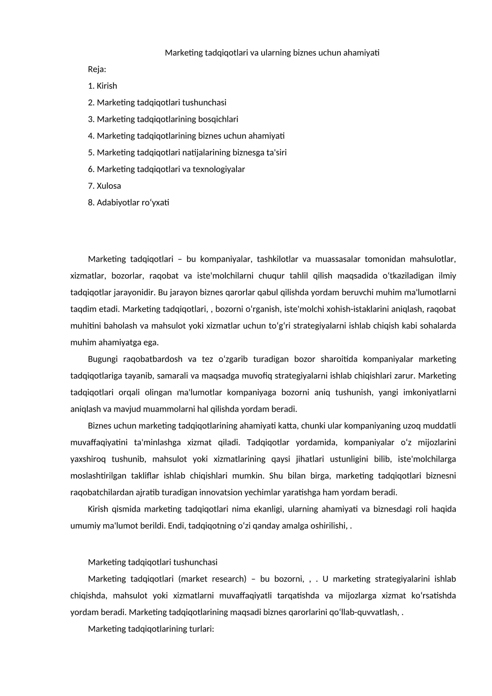 Marketing tadqiqotlari va ularning biznes uchun ahamiyati