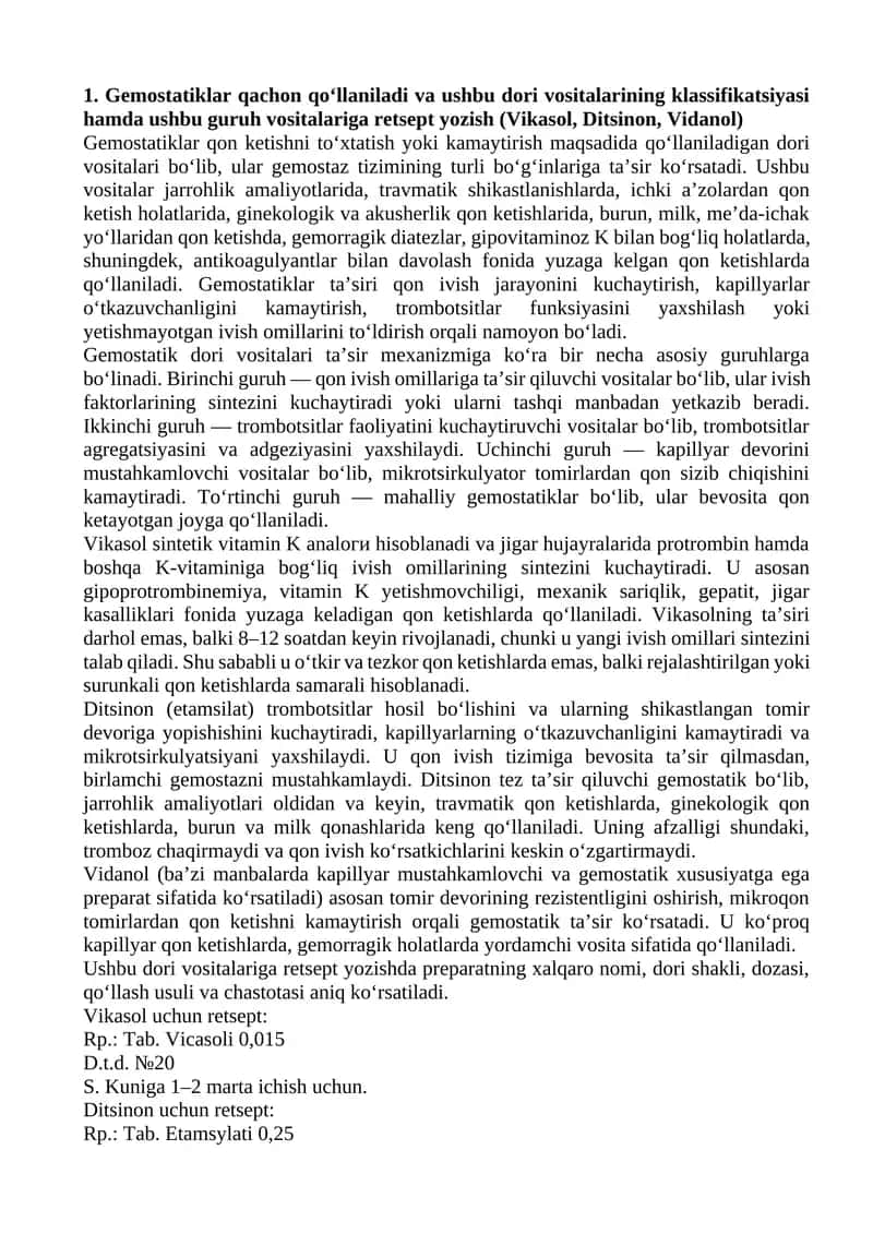 Farmakologiyadan 3 kurs oraliq nazorat savollariga tòlliq javoblar