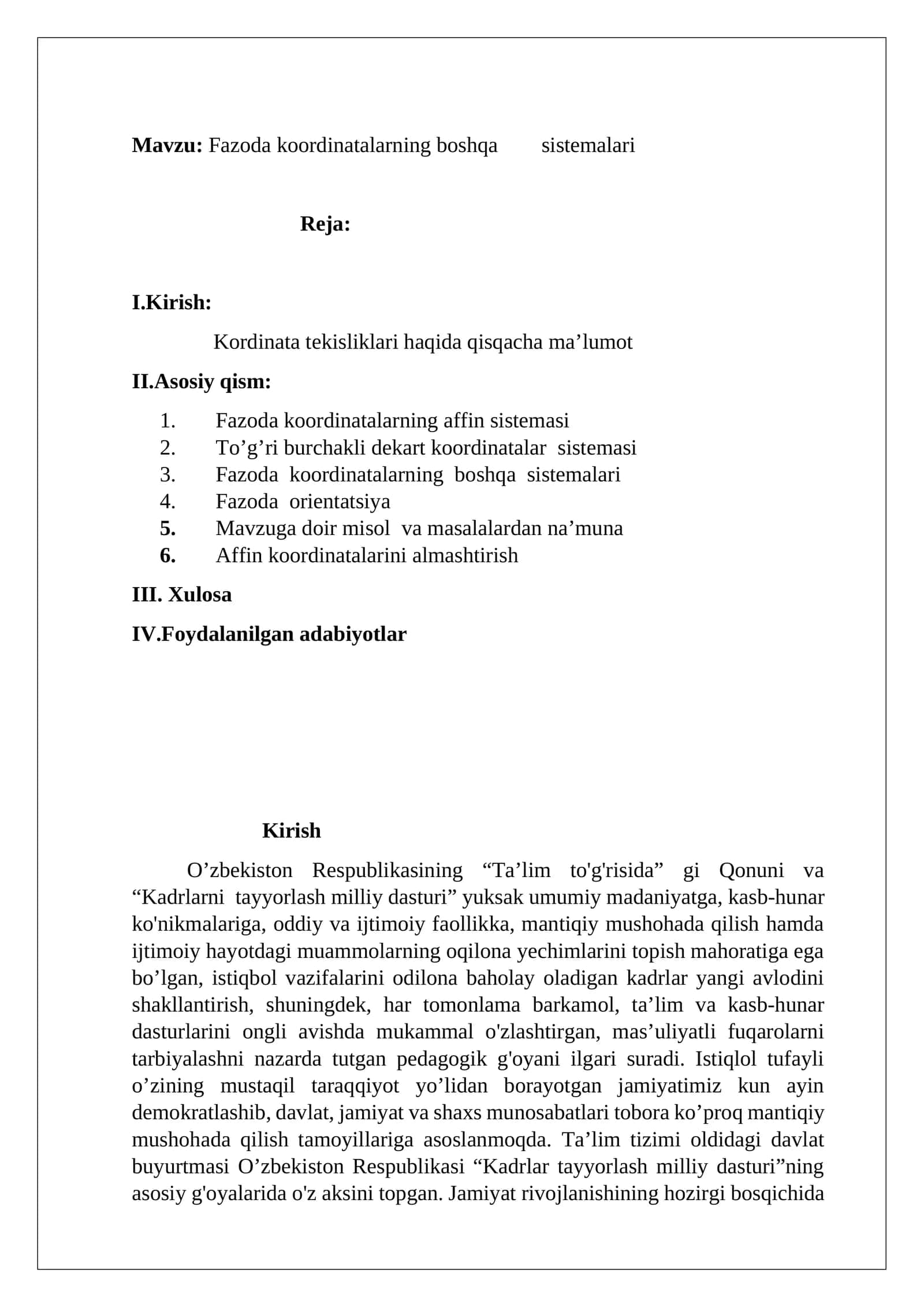 Fazoda koordinatalarning boshqa sistemalari