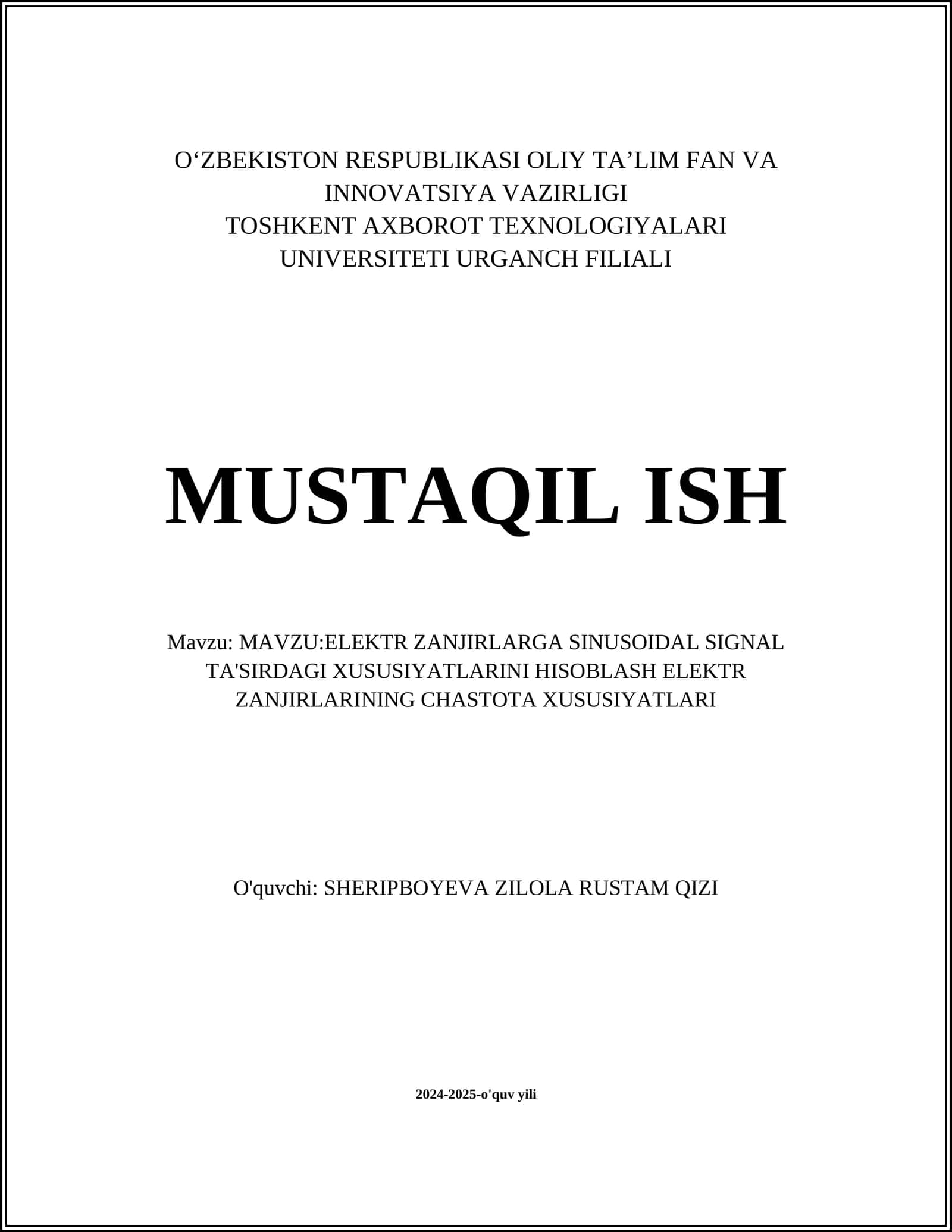 ELEKTR ZANJIRLARGA SINUSOIDAL SIGNAL TA'SIRDAGI XUSUSIYATLARINI HISOBLASH ELEKTR ZANJIRLARINING CHASTOTA XUSUSIYATLARI