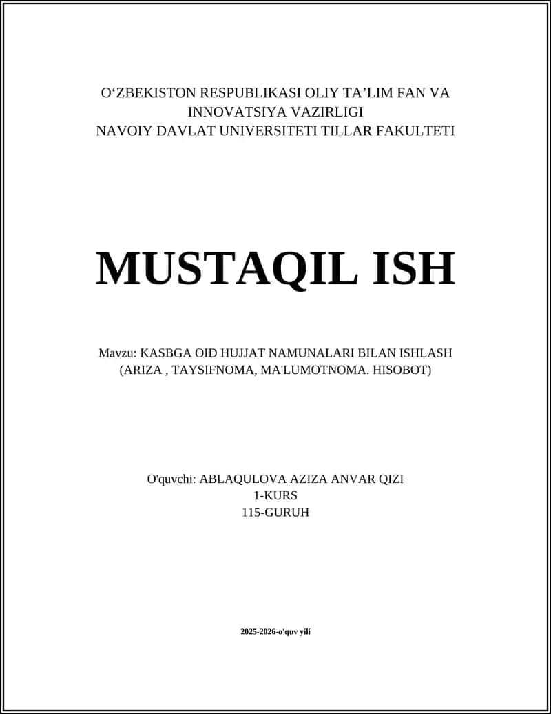 KASBGA OID HUJJAT NAMUNALARI BILAN ISHLASH