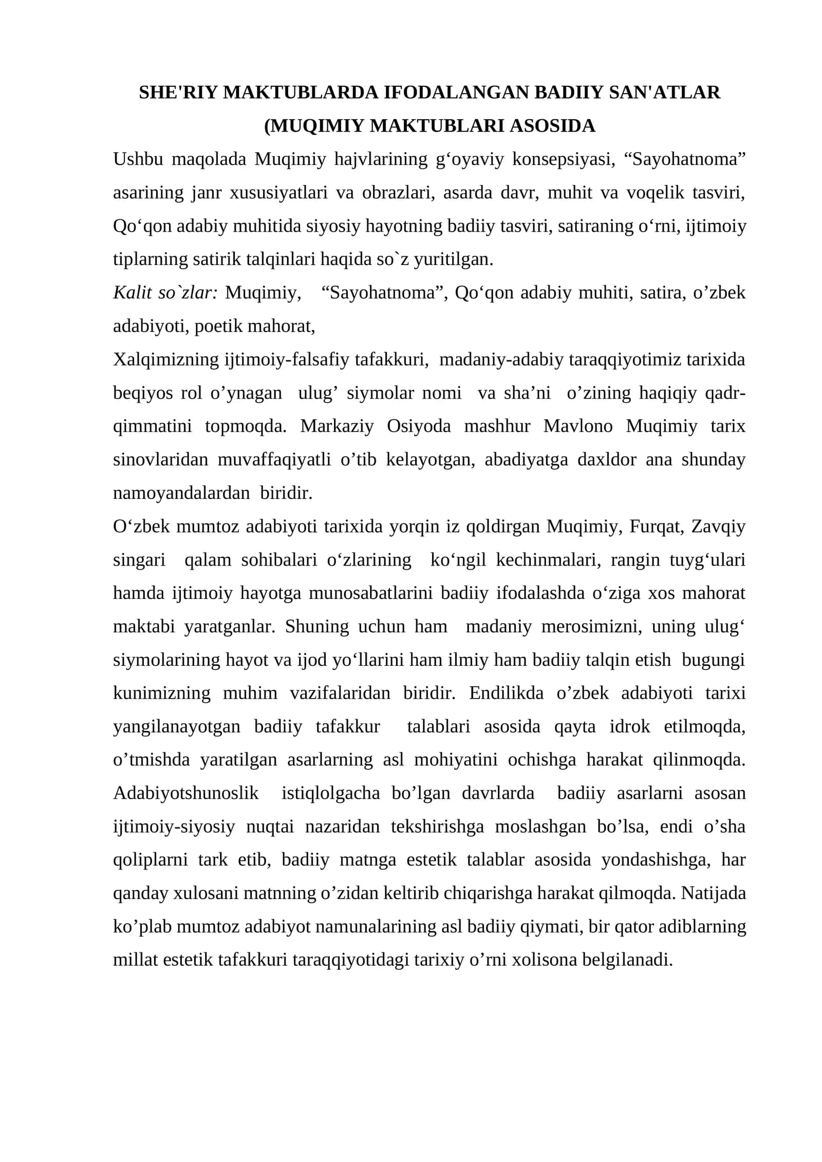 SHE'RIY MAKTUBLARDA IFODALANGAN BADIIY SAN'ATLAR (MUQIMIY MAKTUBLARI ASOSIDA