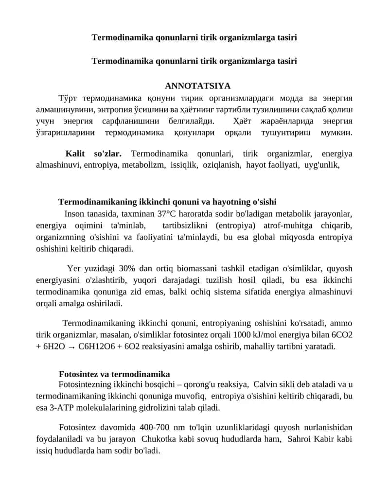 Termodinamika qonunlarni tirik organizmlarga tasiri
