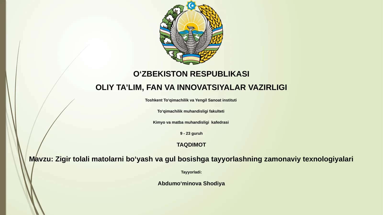 Zigir tolali matolarni boʻyash va gul bosishga tayyorlashning zamonaviy texnologiyalari